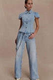 Perrie Mid Rise Straight Leg Tie Jeans Washed Light Blue