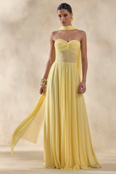 Lyvoria Lemon Bandeau Maxi Dress With Mesh Detail And Scarf
