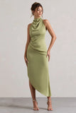 Sophina Light Olive Satin Cowl Neck Asymmetric Midi Dress