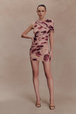 Adrienne One Shoulder Mesh Mini Dress Nude Blurred Floral Print