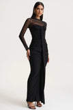 Cadenza Black Crew Neck Maxi Dress With Mesh And Gathered Detailing