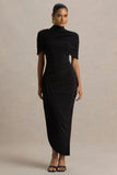 Enchant Black Asymmetric Twisted Cape Midi Dress