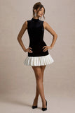 Baxter Black White Velvet Mini Dress With Satin Ruffle Trim
