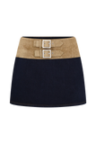 Miranda Faux Suede Belted Denim Mini Skirt Indigo Blue