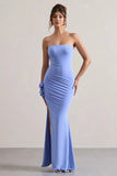 My Muse Blue Ruched Bandeau Split Maxi Dress With Flowers