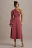 Haila Rose Pink Satin One Shoulder Midi Dress