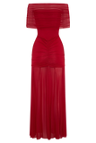 Caspian Slinky And Mesh Off Shoulder Maxi Dress Ruby