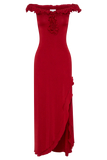 Allegra Off Shoulder Ruffle Midi Dress Ruby