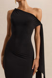 Arcelia Black Asymmetric Neck Midi Dress With Knot Sleeve Detail