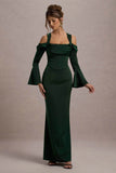 Heartthrob Green Satin Draped Bardot Maxi Dress