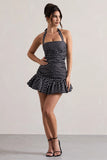 Zahra Black White Polka Dot Halter Neck Ruched Mini Dress With Ruffle Hem