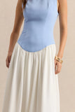 Iliana Powder Blue And White Crew Neck Maxi Dress With Drop Waist And Pleated Skirt