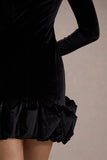 Claudine Black Velvet Long Sleeved Ruffled Mini Dress