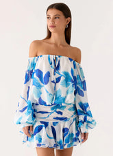 Eira Balloon Sleeve Mini Dress Cerulean Bloom
