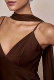 Starling Brown Matte Satin Plunge Neck Maxi Dress With Scarf Detail