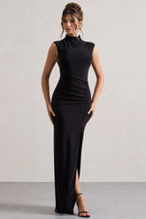 Lanetta Black Ruched High Neck Maxi Dress With Split