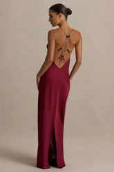 Cher Burgundy Satin Square Neck Maxi Dress With Embellished Detailed Open Back