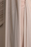 Brenda Champagne Crew Neck Maxi Dress With Mesh Cape And Sash