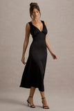 Beck Black Satin Plunge Neck Cross Back Midi Dress