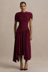 Ione Burgundy Wrapped Midi Dress With Hanky Hem