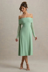 Flatter Me Light Green Bardot Midi Dress With Mesh Sleeves