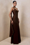 Starling Brown Matte Satin Plunge Neck Maxi Dress With Scarf Detail