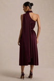 Caluna Burgundy Satin Asymmetric Neck Midi Dress With Scarf Detail