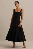 Magnolia Black Scoop Neck Midi Dress With Drop Waist And Ruffling Detail