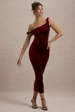 Carella Berry Velvet Twisted Asymmetric Midi Dress