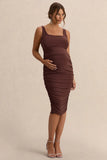 Lisbon Brown Maternity Square Neck Ruched Midi Dress
