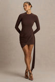 Calista Brown Crew Neck Mini Dress With Sash