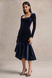 Emberlyn Navy Velvet Scoop Neck Fishtail Midi Dress