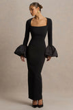 Retreat Black Square Neck Maxi Dress With Satin Puff Sleeves