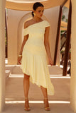 Lova Lemon Ruched Asymmetric Maxi Dress With Ruffle Hem