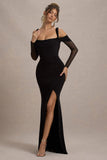 Milana Black Square Neck Draped Wrap Maxi Dress With Long Sleeves