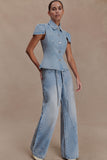 Perrie Mid Rise Straight Leg Tie Jeans Washed Light Blue