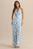 Quinn Blue Porcelain Print Plunge Neck Tailored Maxi Dress