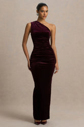 Treat Burgundy Velvet Asymmetric Neck Maxi Dress With Ruched Detailing