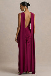 Premiere Burgundy Boat Neck Maxi Dress With Open Back And Cape Sleeves