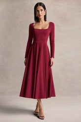 Alison Burgundy Square Neck A Line Midi Dress