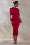 Parisia Red Round Neck Midi Dress With Cape Detail