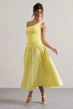 Sorbet Lemon Poplin One Shoulder Pleated Maxi Dress