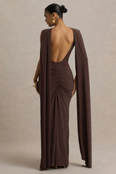 Premiere Brown Boat Neck Maxi Dress With Cape Sleeves And Open Back