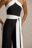Caterina Black White Halter Neck Wide Leg Jumpsuit