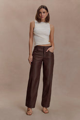 Theo Faux Leather Mid Rise Pants Dark Chocolate