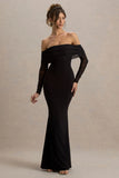Madeleine Black Fishtail Maxi Dress With Bardot Mesh Long Sleeves