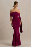 Saffina Burgundy Bardot Neck Maxi Dress With Sash Detail