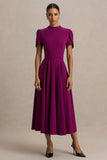 Vicky Mulberry High Neck Midi Dress With Puff Sleeves