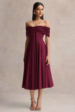 Dearest Burgundy Bardot Neck Midi Dress
