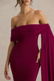 Saffina Burgundy Bardot Neck Maxi Dress With Sash Detail